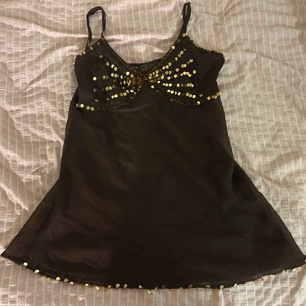 Brown Cami Tank Top with Gold Sequins